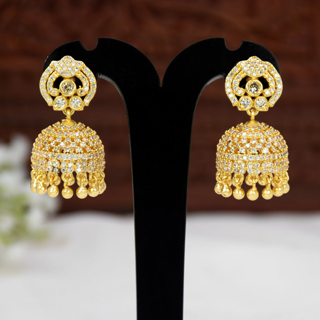 Gold Plated CZ Stone Beads Hanging Jhumka Earrings-American Diamond