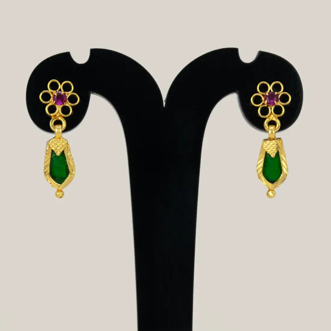 Gold Plated Green Nagapadam Floral Stud Drop Earrings showcasing intricate design with green gemstones and ruby center.