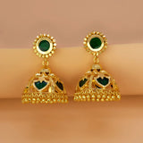 Green Palakka Jhumka Earrings with gold-tone and deep green stones, perfect for festive occasions.