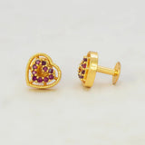 Gold Heart Design Stone Stud Earrings featuring sparkling ruby stones and a premium gold finish.