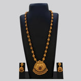 Antique Matte Gold Beads Long Chain Necklace Set featuring intricate gold beads and kemp stone pendant with earrings.