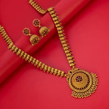 Kemp Stone Antique Long Haram Set for Women, featuring intricate gold design and traditional temple jewelry style.