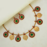 Antique Matte Floral Kemp Stone Lakshmi Kasu Necklace Set