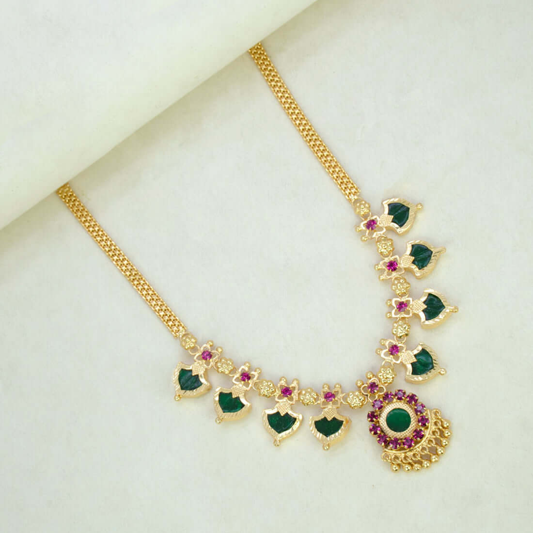 Gold Plated Traditional Palakka Necklace- 4 Stone - Green
