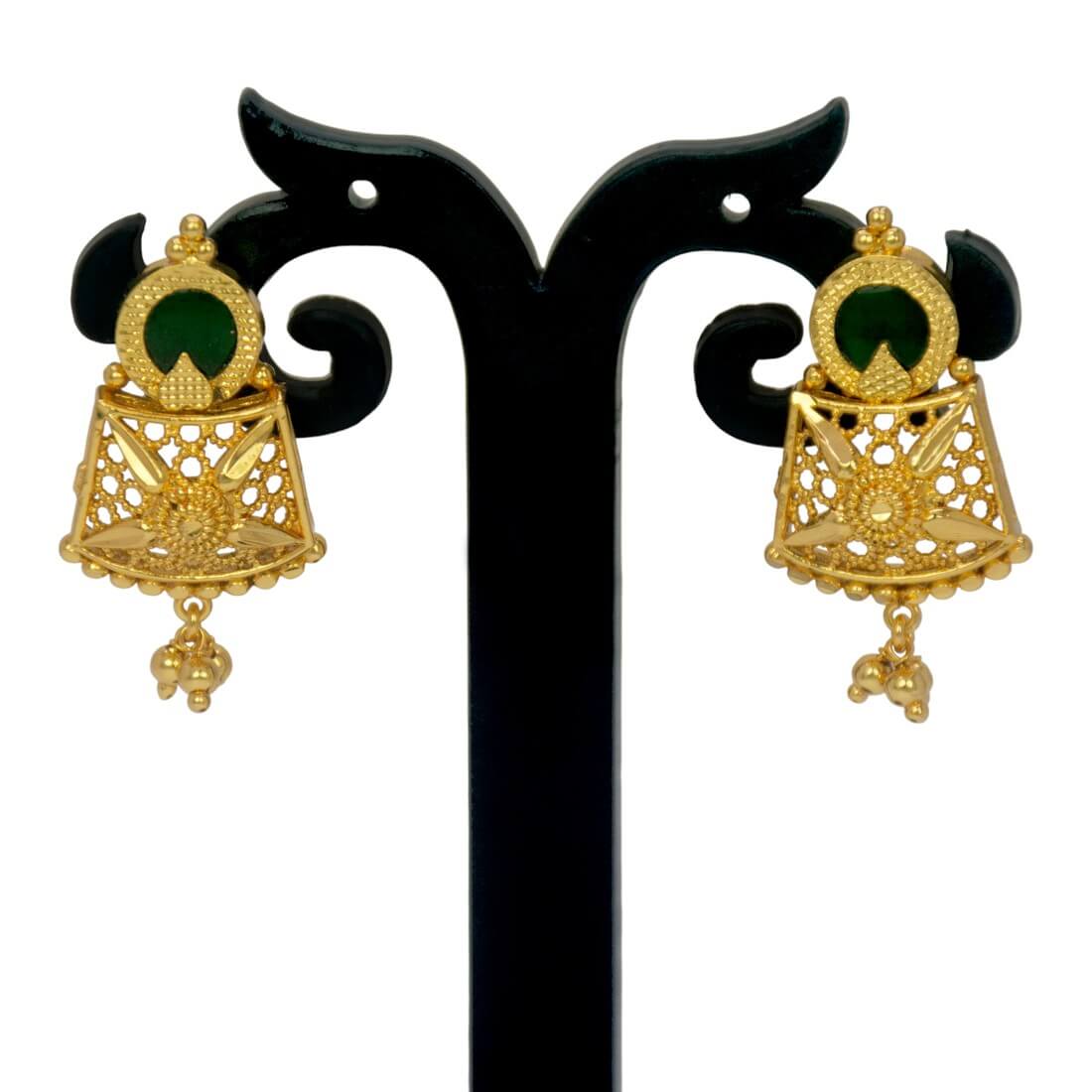 Kerala Style Gold Plated Round Enamel Ear Studs_Green