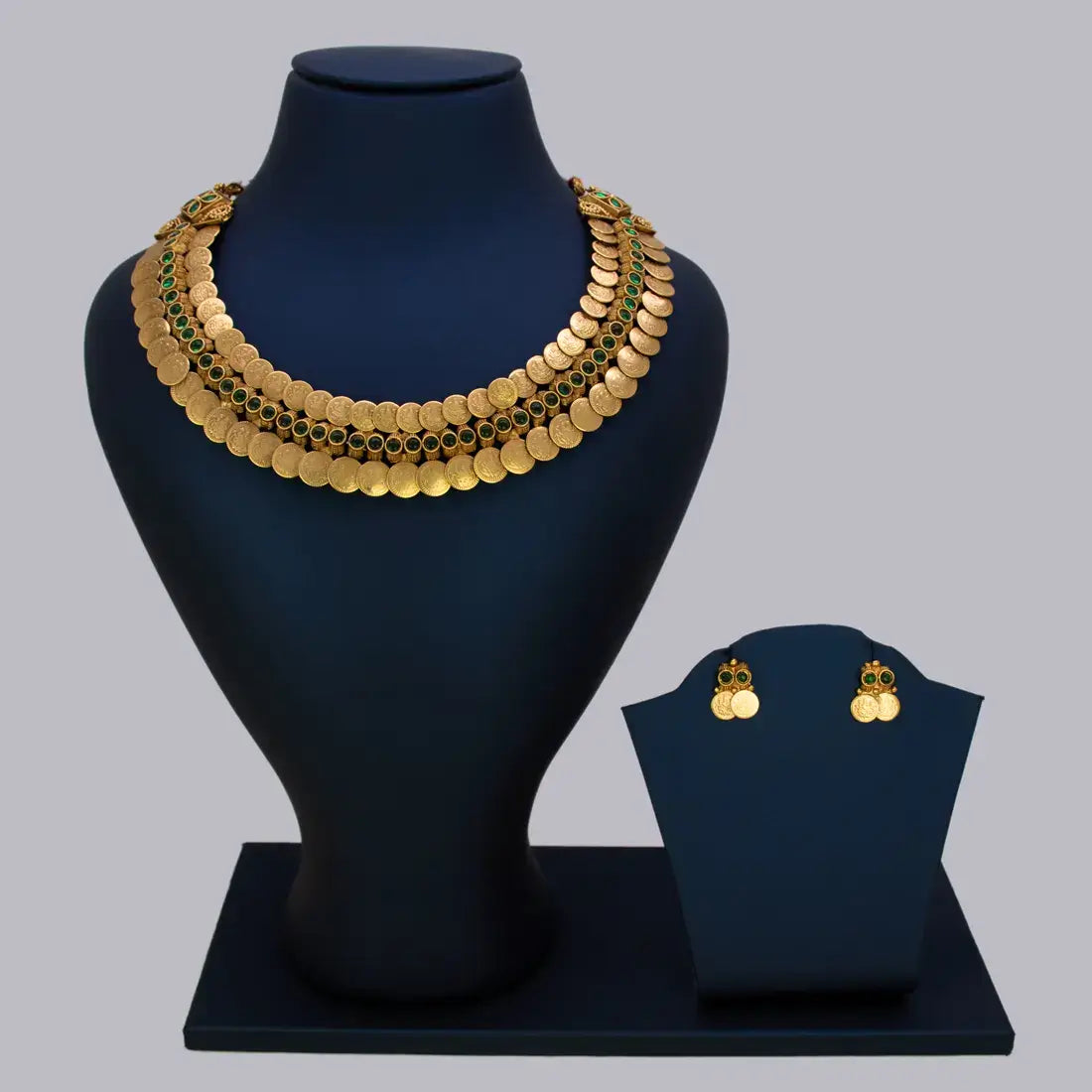 Antique Lakshmi 2-Layer Kasu Kemp Choker Necklace Set - Green