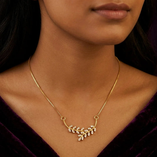 Gold Plated American Diamond Leaf Pendant Necklace