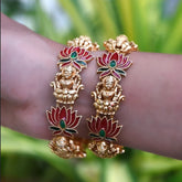 Elegant Matte Gold Plated Lakshmi Lotus Enamel Bangle