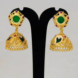 Small Gold-Plated Ruby Stone Mango Jhumka Earrings featuring intricate filigree and green mango motifs.