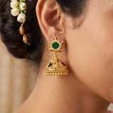 Small Gold-Plated Ruby Stone Mango Jhumka Earrings showcasing intricate design and vibrant colors