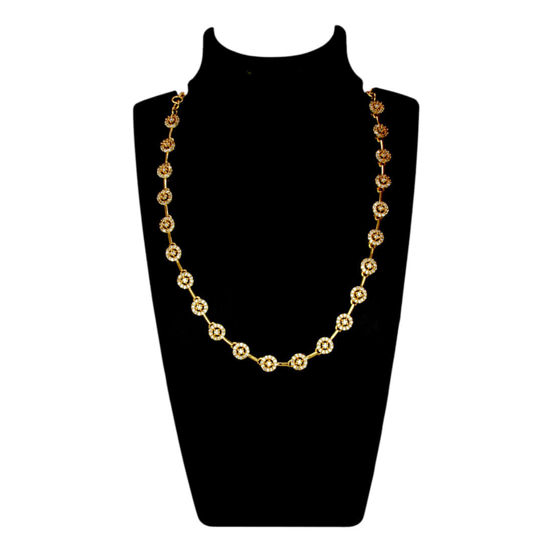 Marvelous Gold Plated Round Stone Necklace displayed on a bust form, showcasing its adjustable link chain and dazzling design.