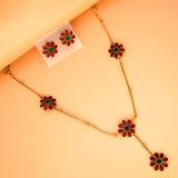 Matte Gold Plated Chain with Floral Kemp Stone Necklace Set