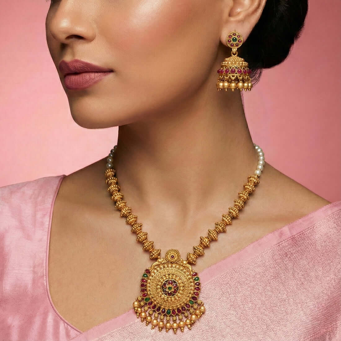 Matte-Gold-Finish-Traditional-Kemp-Pendant-Necklace-Set