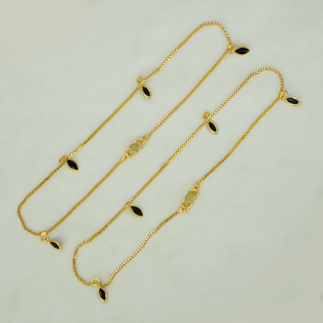 Gold Plated Box Chain Stone Charm Anklets - Black