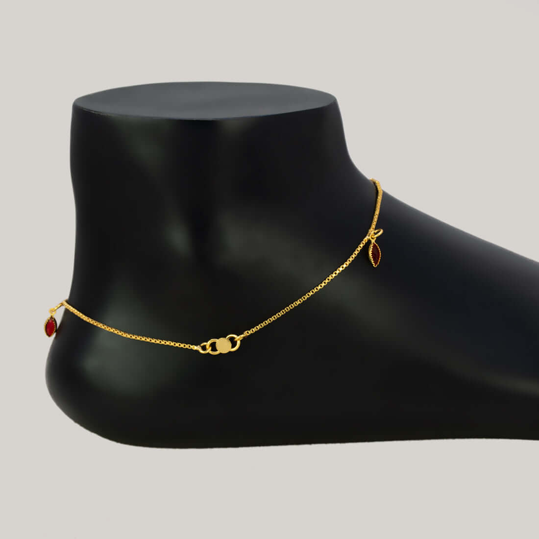Gold Plated Box Chain Stone Charm Anklets - Red
