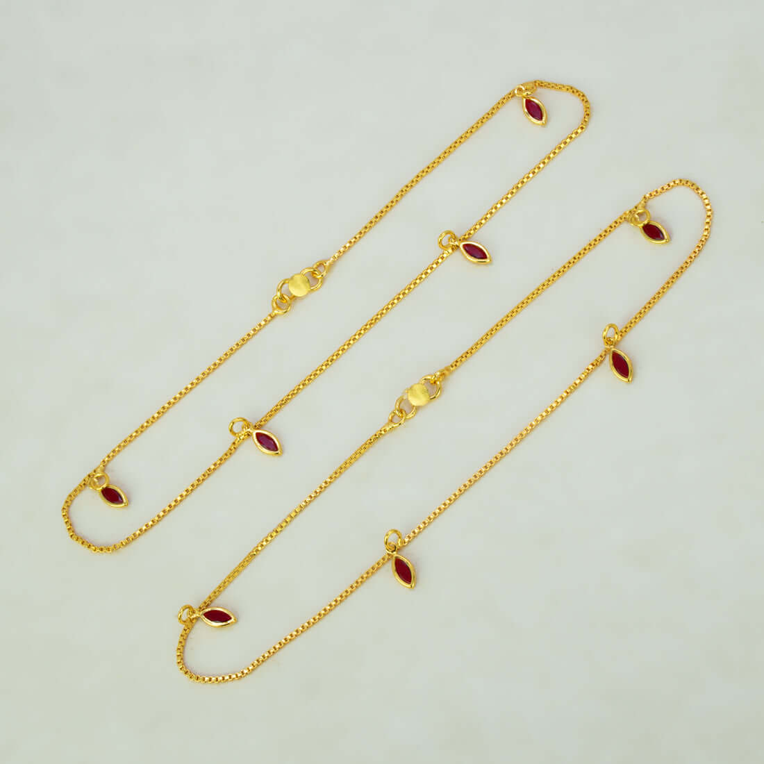 Gold Plated Box Chain Stone Charm Anklets - Red