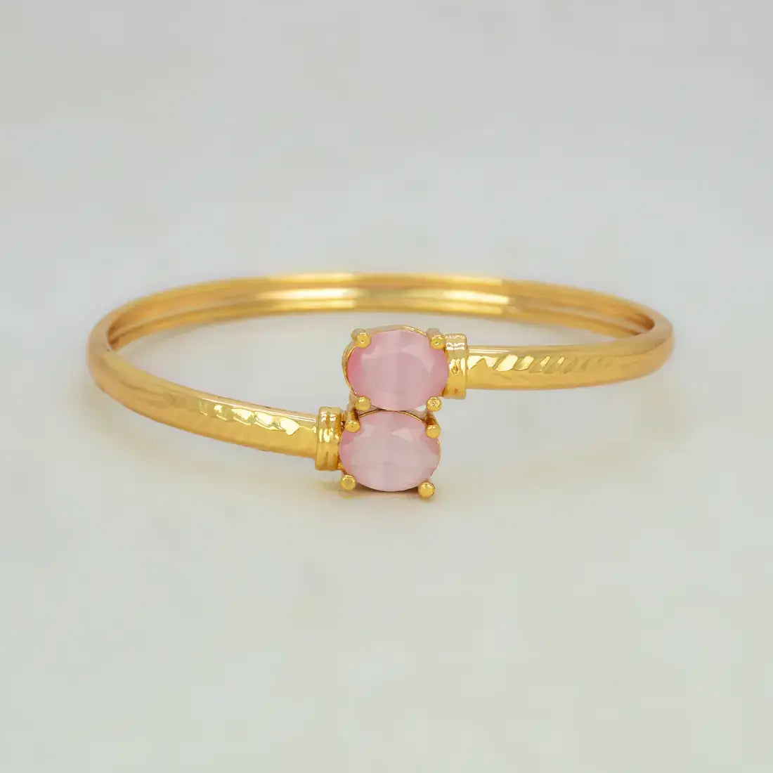 Gold Plated Dual Oval Stone Cuff Bangle - Pastel Pink