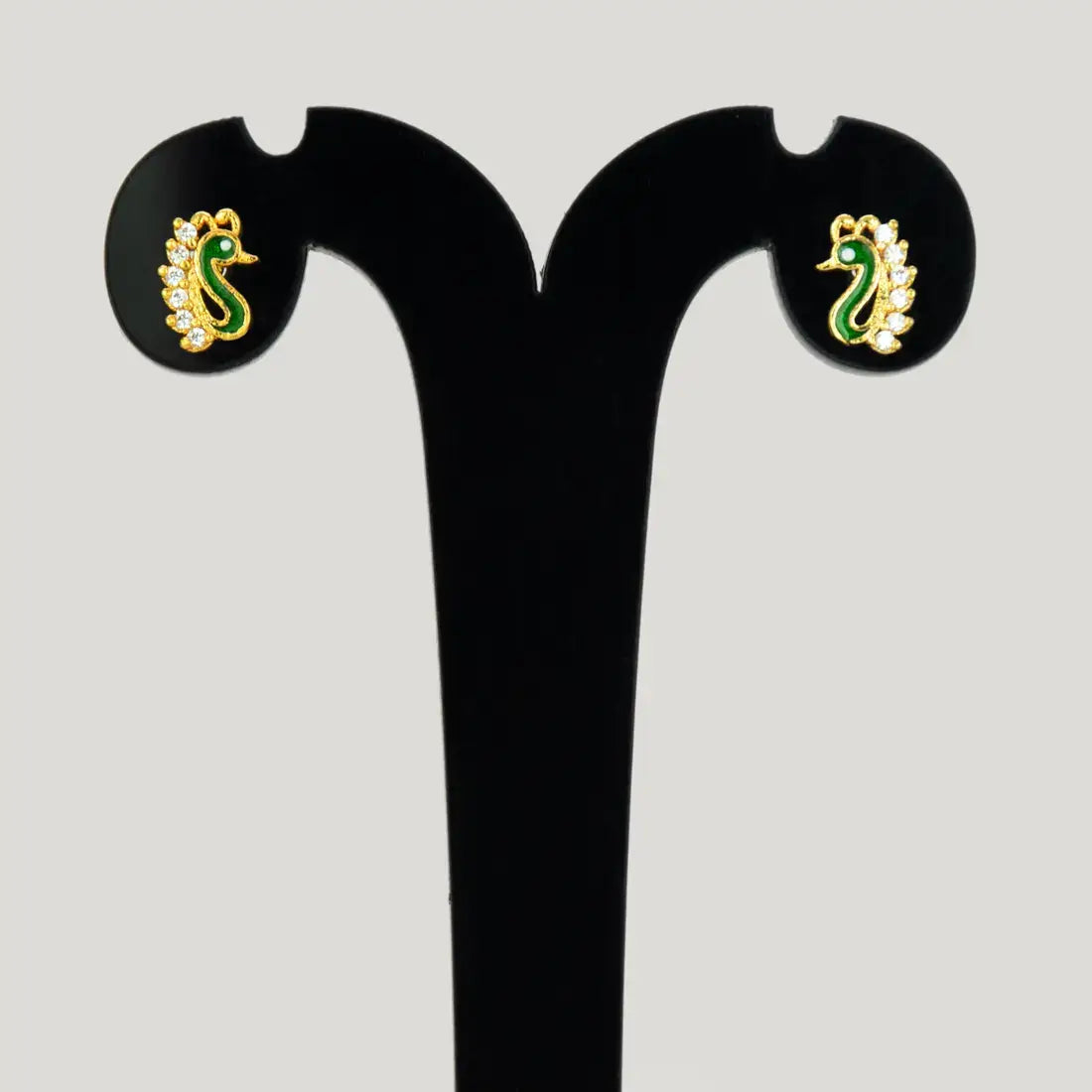 Gold Plated Enamel Peacock Design Stone Ear Studs - CZ