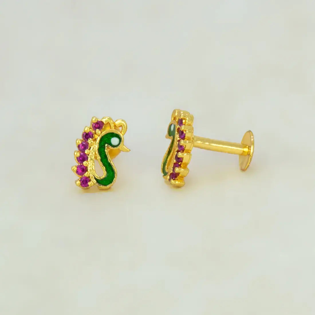 Gold Plated Enamel Peacock Design Stone Ear Studs - Ruby