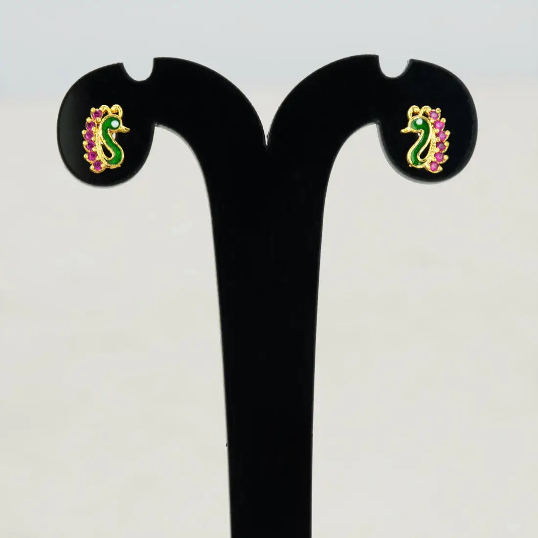 Gold Plated Enamel Peacock Design Stone Ear Studs - Ruby