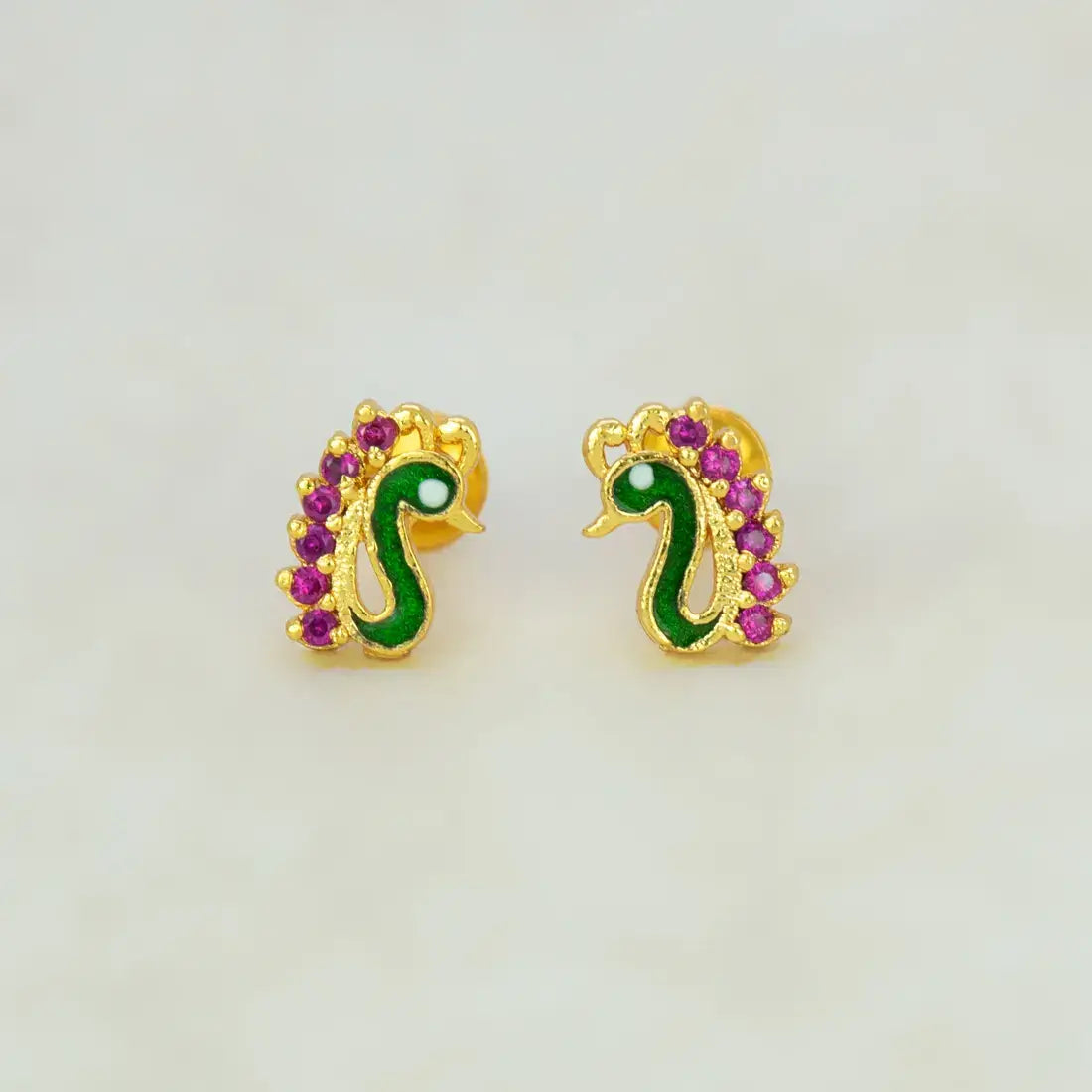 Gold Plated Enamel Peacock Design Stone Ear Studs - Ruby