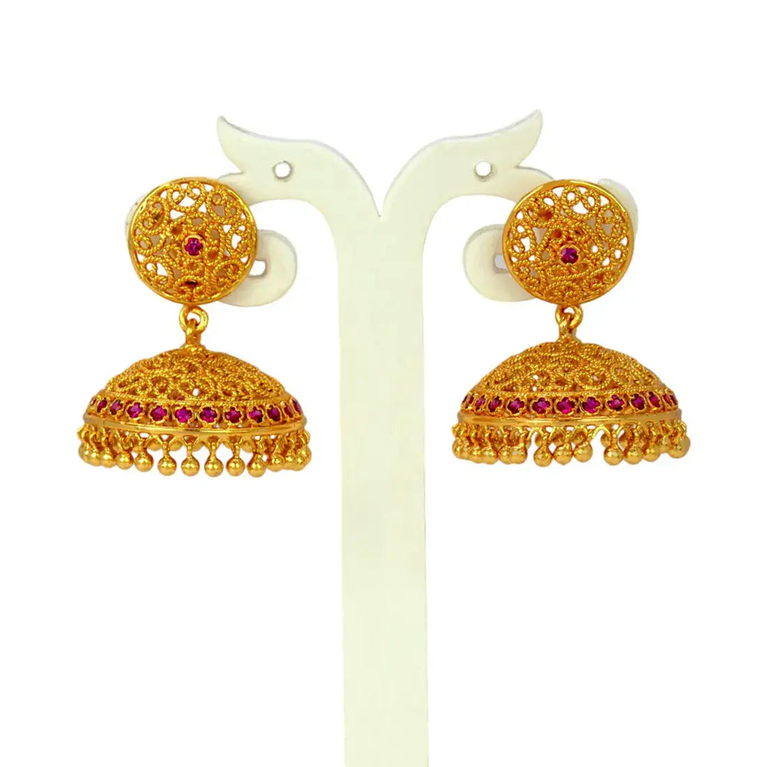 Premium Gold Plated Filigree Ruby Stone Umbrella Jhumka Earrings with floral studs and ruby accents.