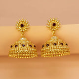 Red Stone Gold Plated Big Jhumka Earrings featuring intricate designs and deep red stones, perfect for a bold statement.