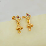 Ruby CZ Stone Small Kids Jhumka - delicate gold floral stud with ruby centre stone and jhumka bell.
