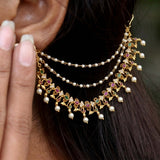 Ruby Emerald CZ Stone Pearl Ear Chain Matti