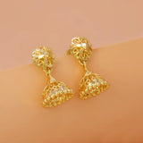 Simple Gold Foamed Jhumka Earrings showcasing delicate filigree details and a lightweight design, perfect for daily wear.