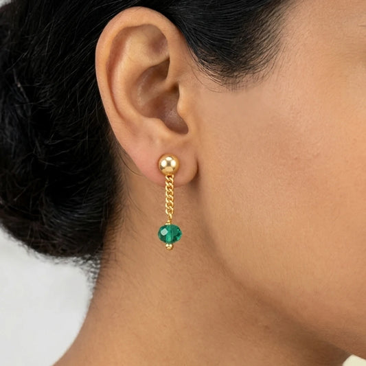 Gold Plated Green Crystal Hanging Drop Earrings