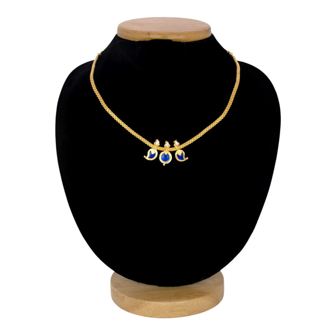 Simple Three Petal Gold Plated Mango Necklace featuring blue mango CZ stones on a display bust.