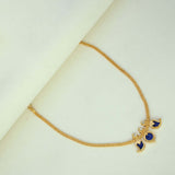 Simple Three Petal Gold Plated Mango Necklace with blue CZ stones and round pendant on a flat chain.