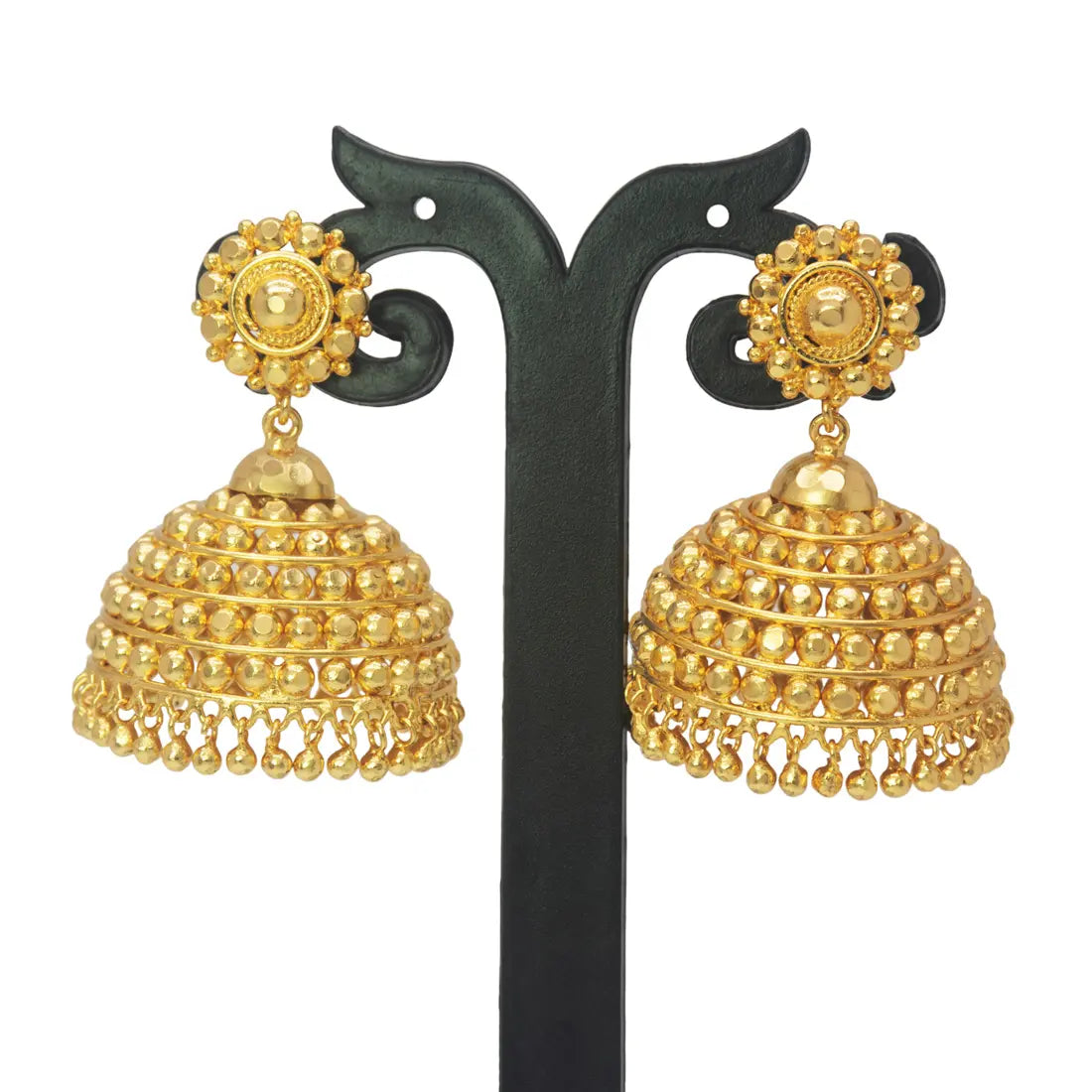 Big Golden Beads Design Bridal Umbrella Jhumka earrings showcasing intricate beaded detailing and golden bead danglers.