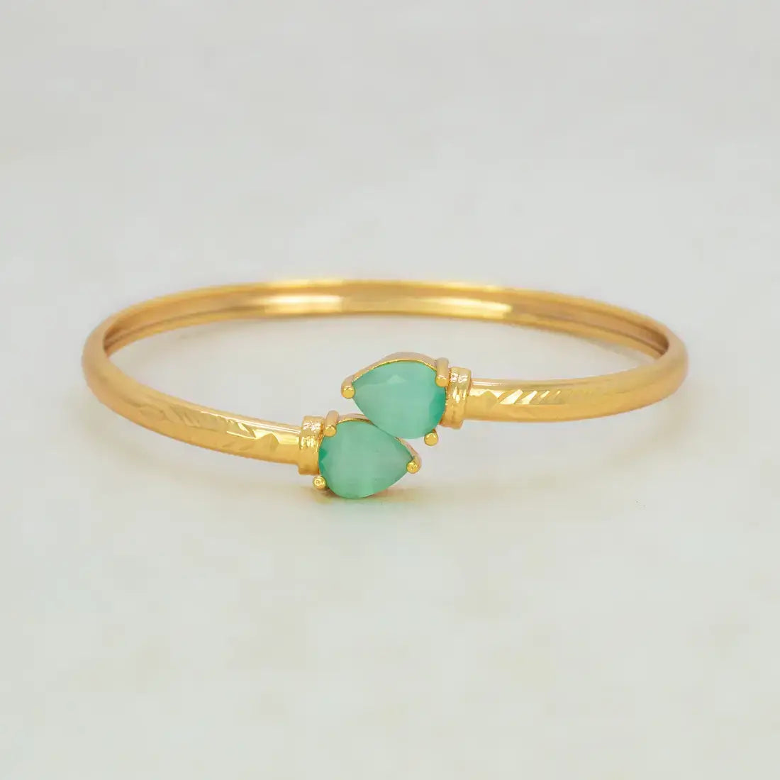 Gold Plated Dual Teardrop Stone Cuff Bangle - Pastel Green