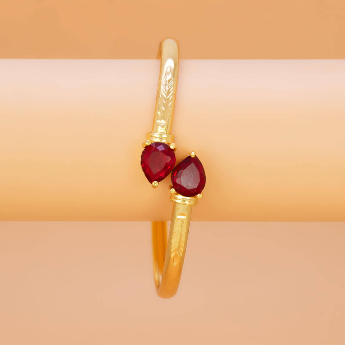 Gold Plated Dual Teardrop Stone Cuff Bangle - Red