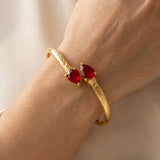 Gold Plated Dual Teardrop Stone Cuff Bangle - Red