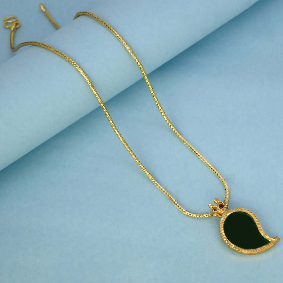 Traditional Gold-Plated Mango Pendant Chain in dark green variant, perfect for ethnic wear and ceremonial occasions.