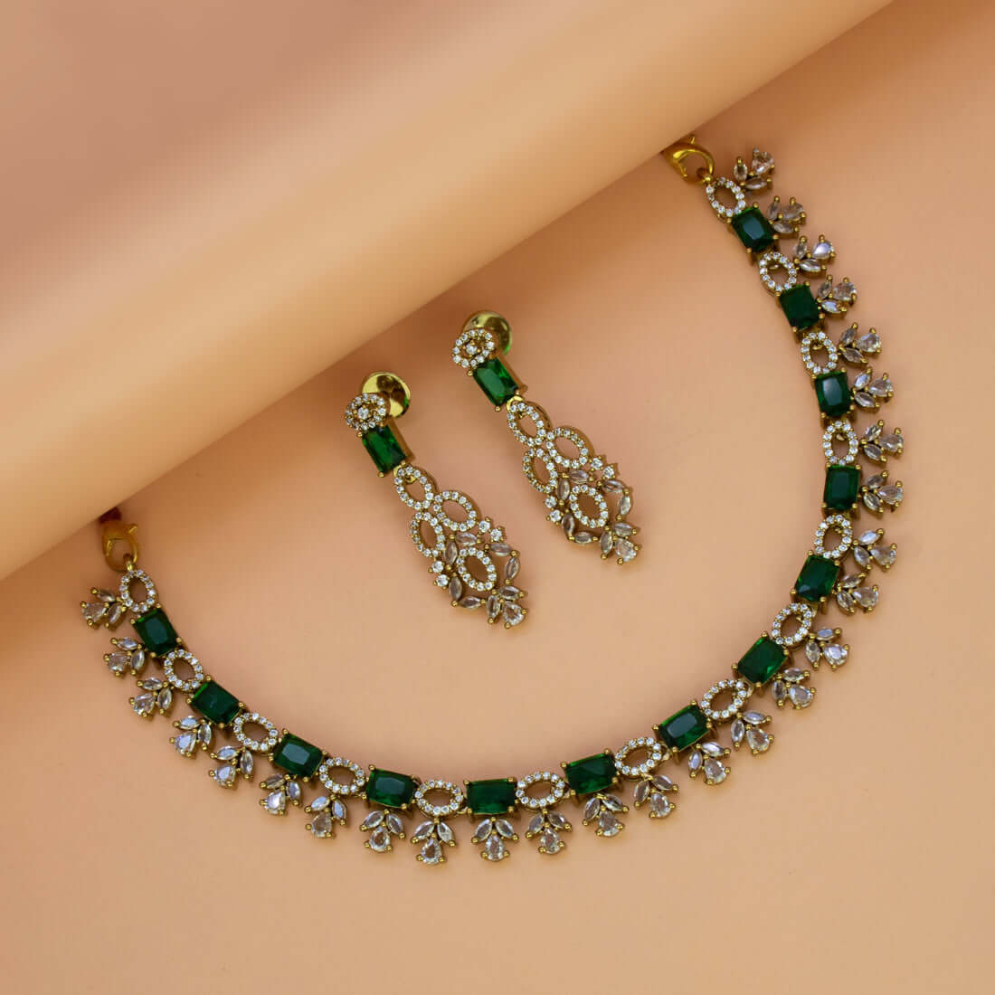 Victorian Antique Gold Finish CZ Necklace Set - Emerald- CZ