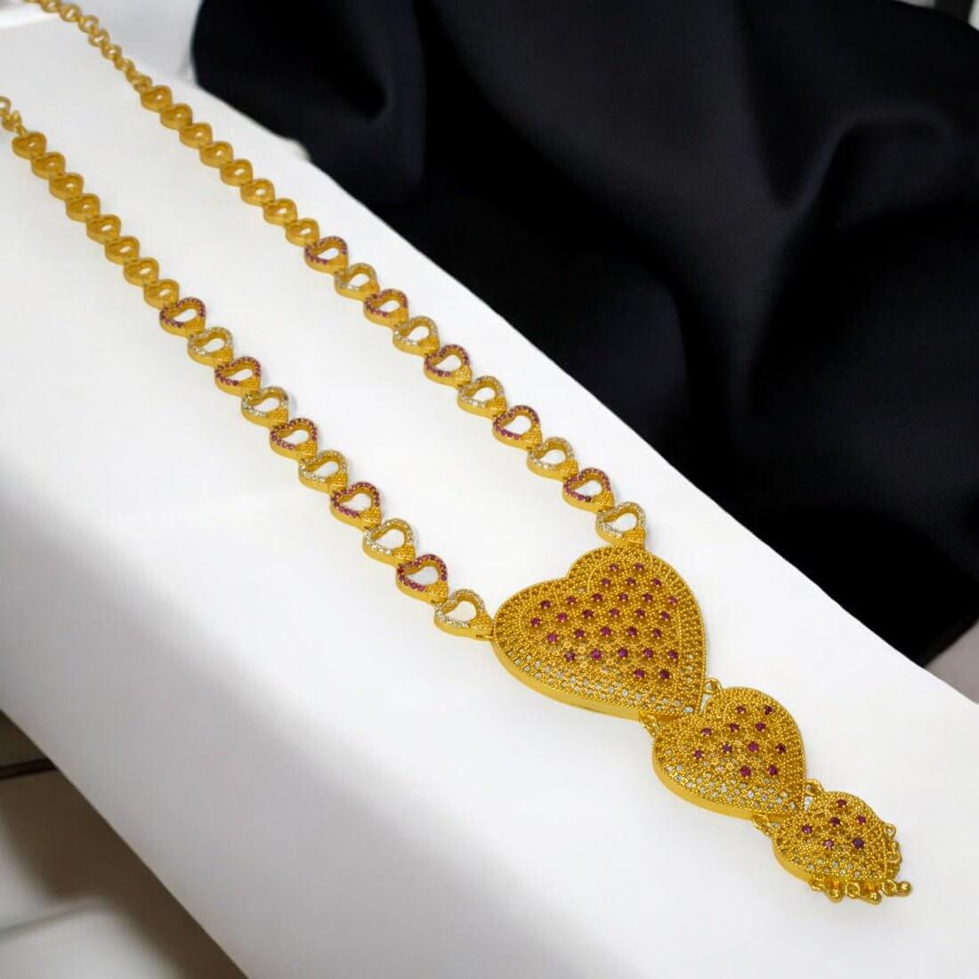 Alluring Gold Plated Ruby CZ Heart Bridal Long Chain - KSupreme