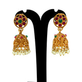 Antique Gold Plated Matte Floral Ruby Emerald Jhumka