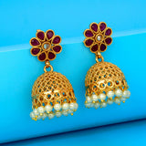 Antique Matte Floral Stone Jhumka with Pearl Danglers