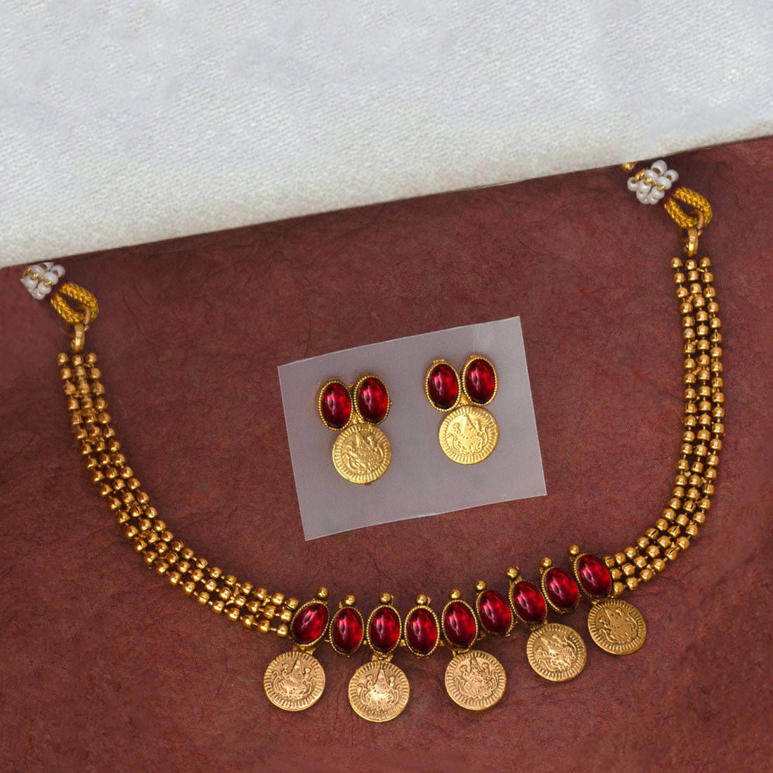 Antique Triple Layer Stone Lakshmi Kashu Necklace Set - KSupreme
