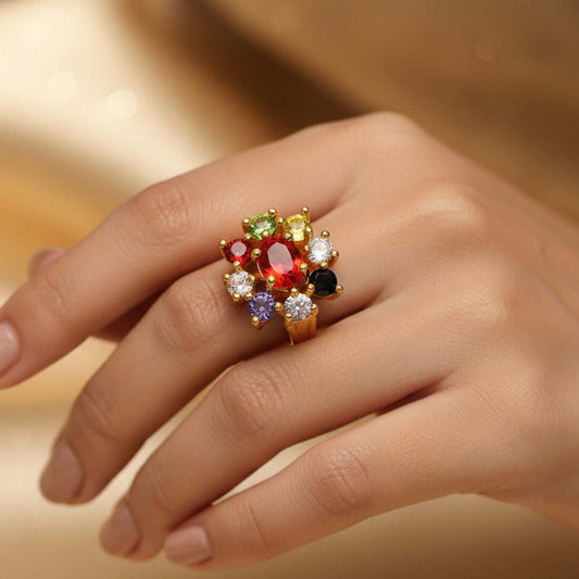 Classic Gold Plated Floral Navratna Model Ladies Finger Ring - K Supreme
