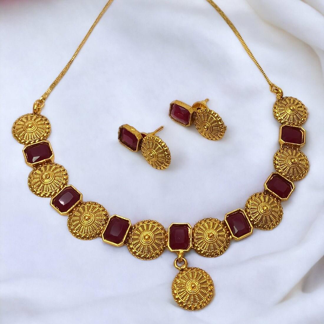 Classy Antique Matte Bright Red Floral Sufi Necklace Set featuring gold-plated design and matching earrings.