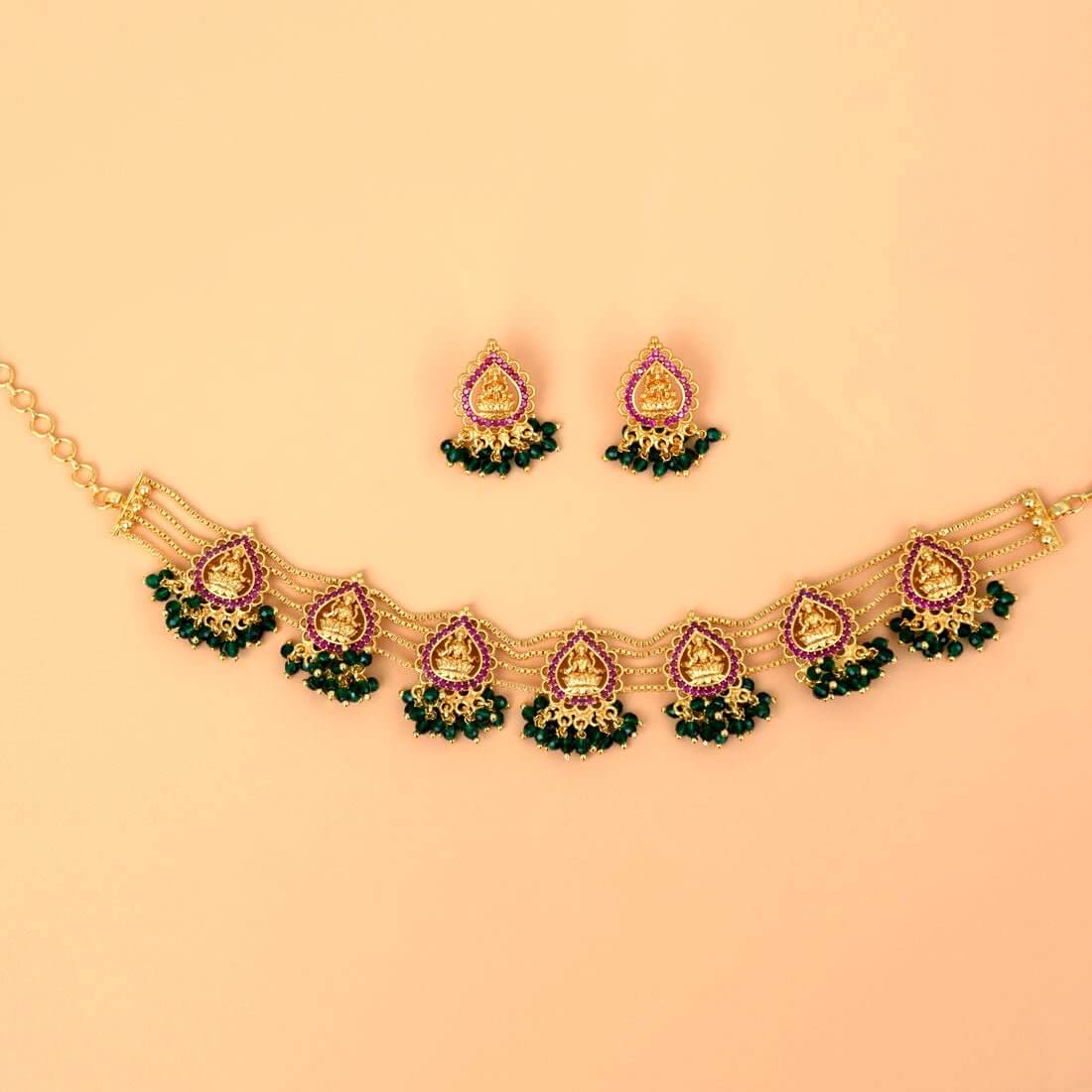 Divine Gold Plated Ruby Lakshmi Crystal Choker Necklace Set - K Supreme