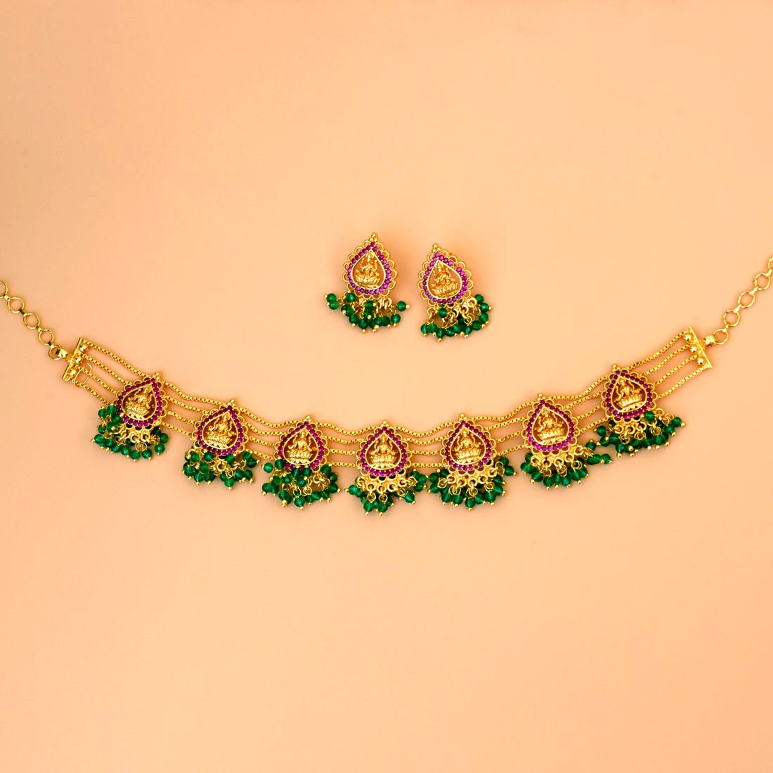 Divine Gold Plated Ruby Lakshmi Crystal Choker Necklace Set - K Supreme