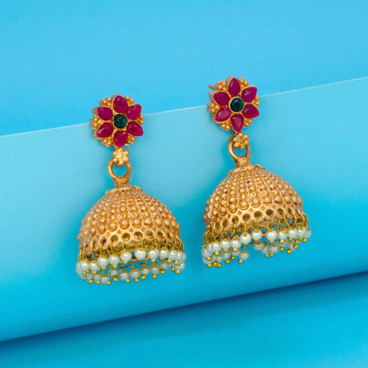 Elegant Matte Finish Ruby Emerald Floral Jhumka /Jimikki