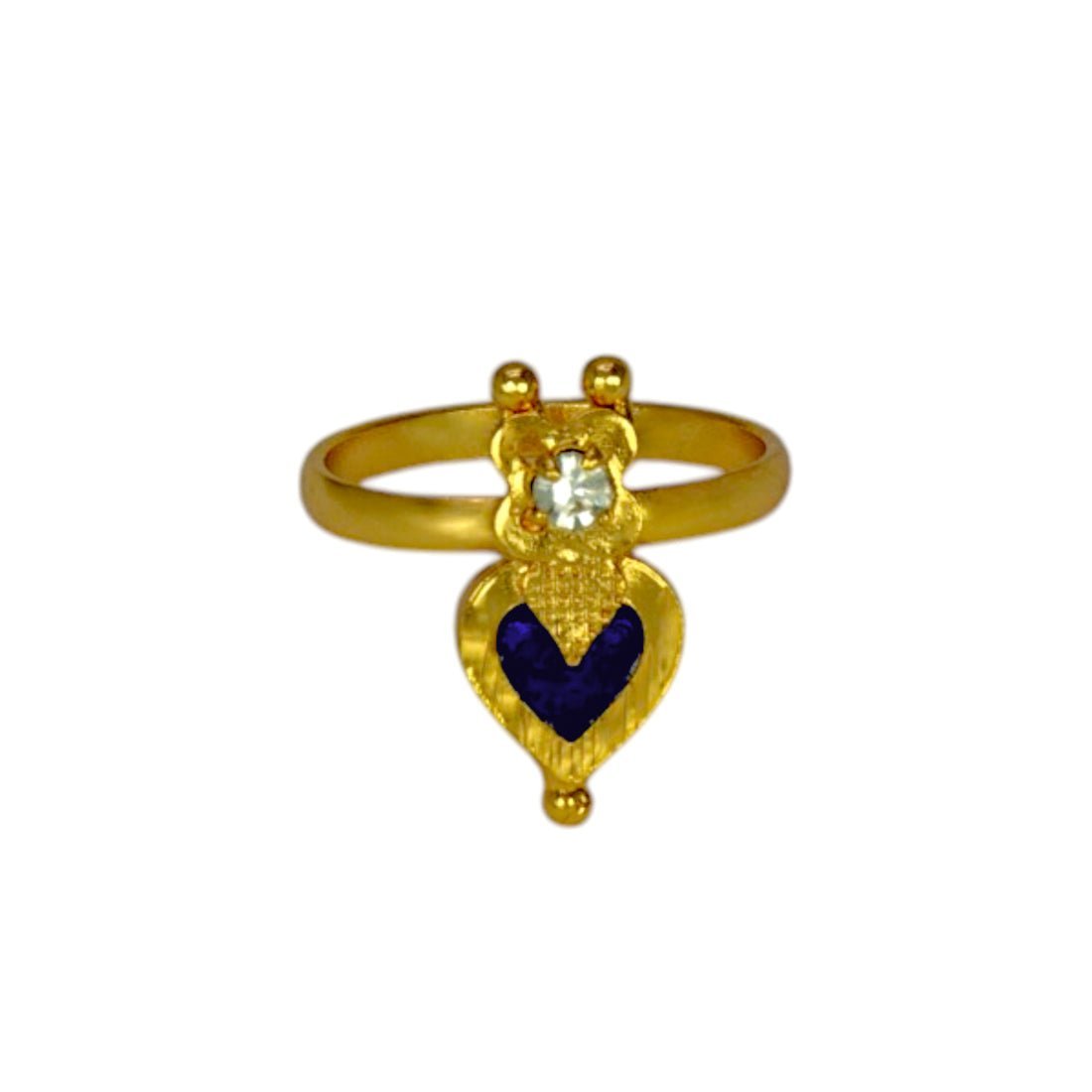 Ethnic Gold Plated Heart Enamel Finger Ring featuring a blue enamel heart and sparkling stone accent.