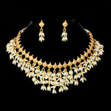 Exquisite Gold Plated Pearl Hanging Choker Necklace Set with dangling pearls and matching earrings.